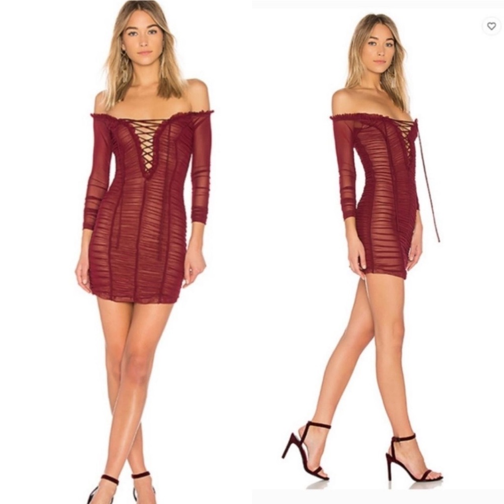 Majorelle Merlot Darling Ruched Mini Long Sleeve Dress, Size S